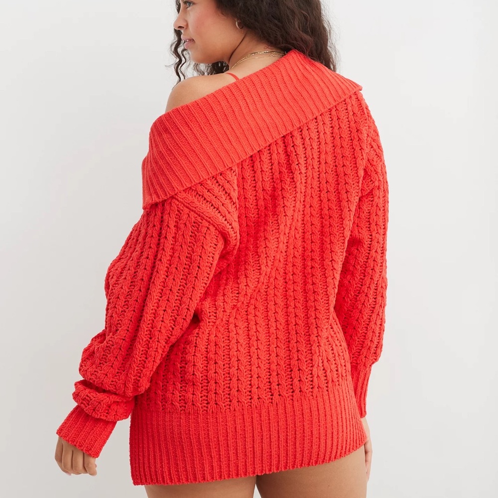 Aerie Cable Car Knit Quarter Zip Cozy Sweater Holiday Red Medium - Picture 5 of 9
